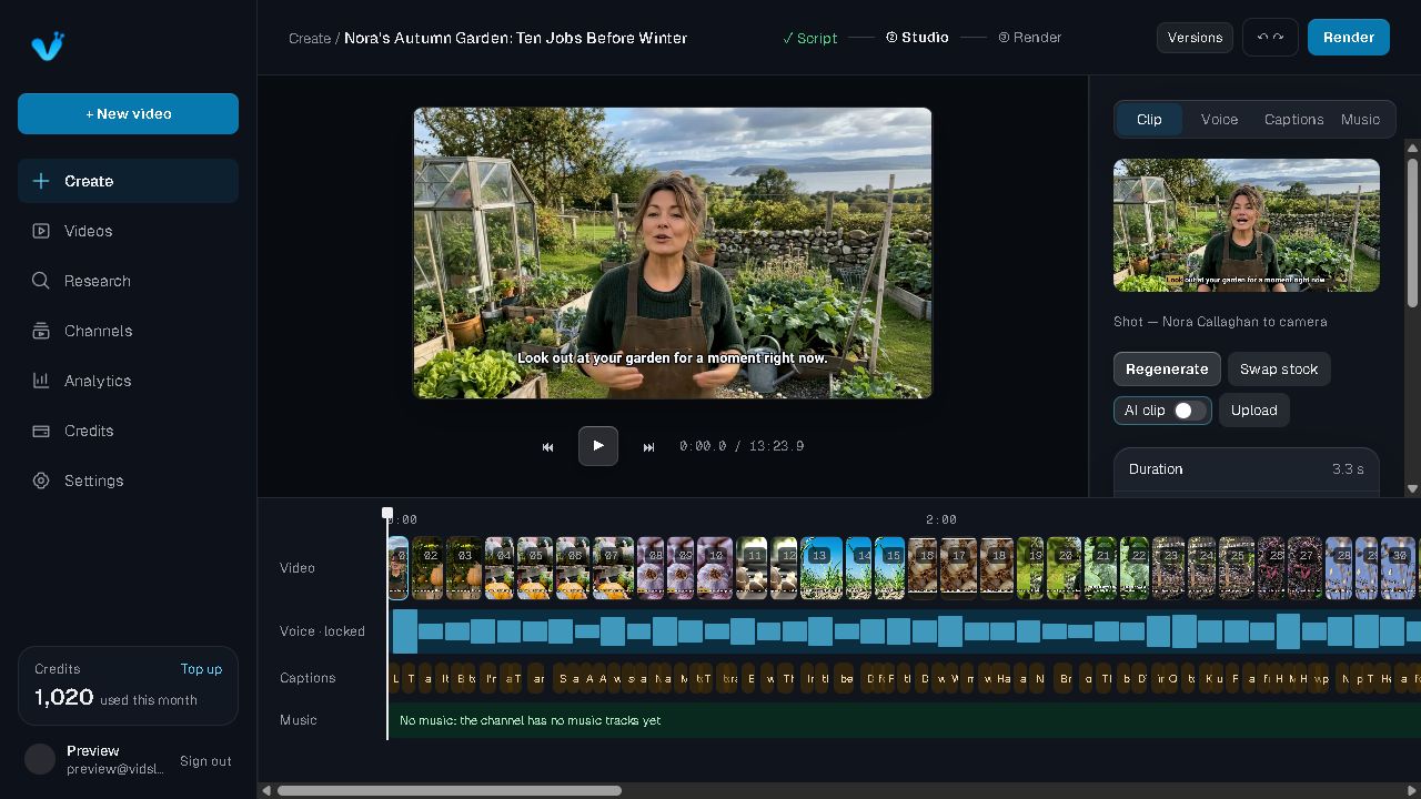 The current Vidslug Studio: Nora’s presenter video, navigation, scene inspector and a timeline with real imagery, narration and captions.